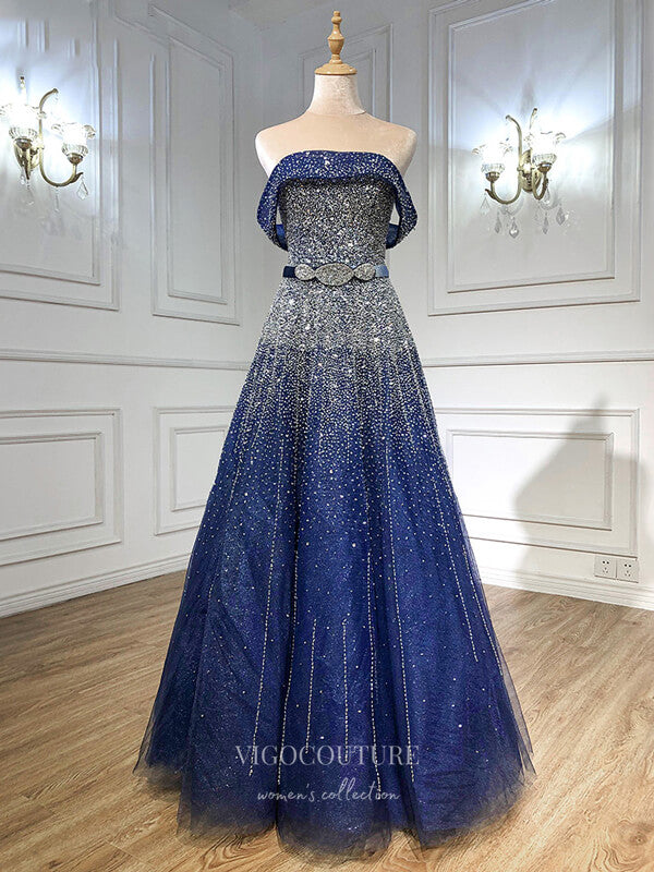 Glitter A Line Navy Blue Prom Dresses Halter Long Evening Gown – MyChicDress